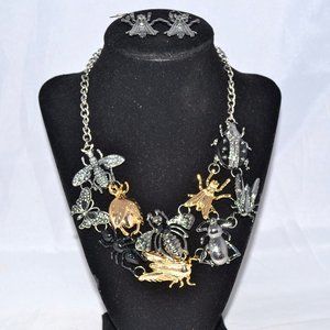 Silver Flying Insect Bug Necklace and Earring Set